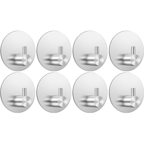 Juego de 8 ganchos redondos, plateados, inoxidables y adhesivos para toalleros de baño y cocina.
