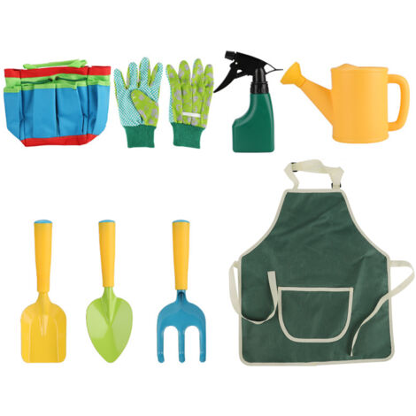 Juego de 8 herramientas de jardinería para niños y niñas: pala, paleta, rastrillo, guantes, pulverizador y delantal. Incluye: bolsa de jardinería, bolsa de almacenamiento, etc.