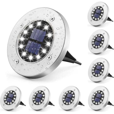 Juego de 8 luces solares de suelo para jardín, 12 LED, blancas, de acero inoxidable, impermeables, para uso exterior, jardín, patio, césped, entrada de vehículos.