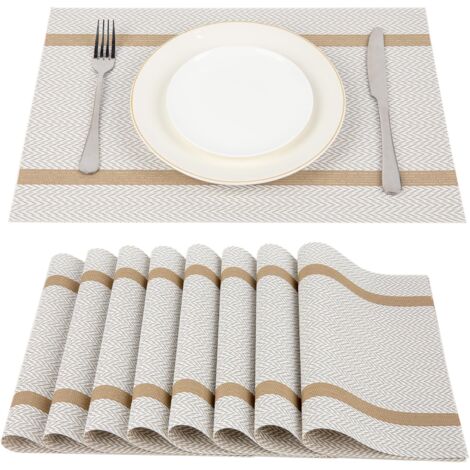 Juego de 8 manteles individuales de plástico resistentes al calor y al desgaste, manteles individuales de vinilo lavables, 45 cm x 30 cm, blanco