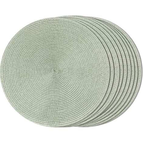 Juego de 8 manteles individuales redondos tejidos, aptos para mesas de comedor, lavables, antideslizantes, 38,1 cm (verde niebla).