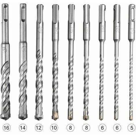 Juego de 9 brocas para martillo eléctrico Sds-Plus para taladrar piedra, hormigón, paredes de ladrillo, baldosas de cerámica (5, 6, 6, 8, 8, 10, 12, 14, 16 x 160 mm) )