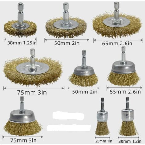 Juego de 9 cepillos de alambre para taladros, cepillos de latón para taladros con vástago de 6 mm, cepillos para amoladoras, cepillos para destornilladores para limpiar metal/madera.