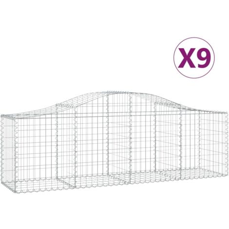 Juego de 9 cestas de gaviones, valla de jaula, muro de contención arqueado, 200 x 50 x 60/80 cm, hierro galvanizado, Plata 020041271