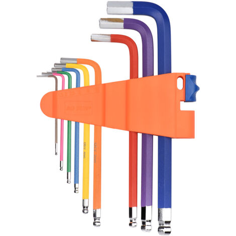Juego de 9 llaves Allen multicolores en forma de L, métricas, de brazo largo y con extremo esférico, fabricadas en acero cromo-vanadio de grado industrial.