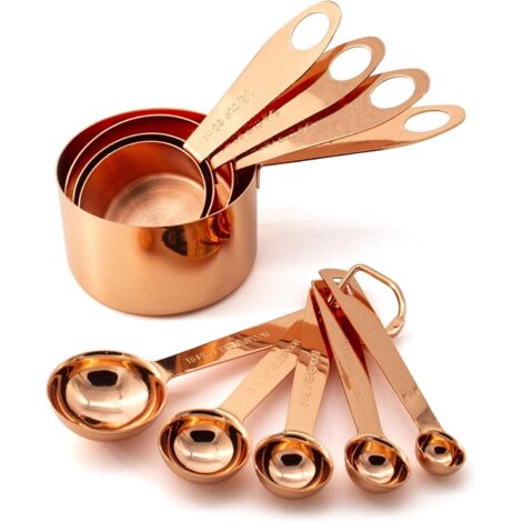 Juego de 9 tazas y cucharas medidoras para cocina y repostería, fabricadas en acero inoxidable recubierto de cobre y cromado, con medidas grabadas, para ingredientes secos o líquidos.