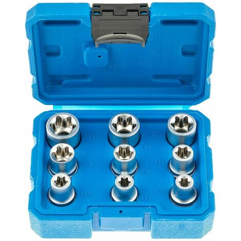 Juego de 9 vasos Torx hembra E10 a E24 para carraca 1/2". Herramienta duradera y precisa para mecánica, automoción y talleres profesionales.
