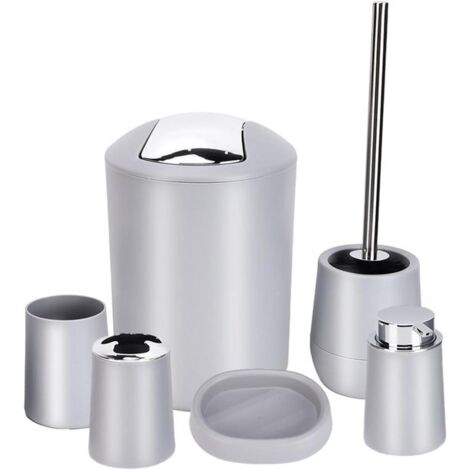 Juego de accesorios de baño de 6 piezas (gris) que incluye cesta, escobilla de inodoro, portacepillos, dispensador de loción, jabonera y vaso para enjuague bucal - Estilo moderno - Plástico