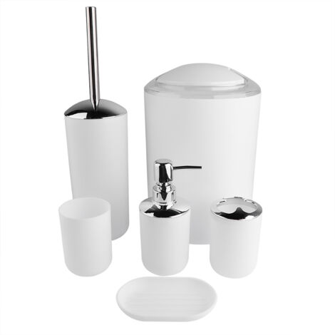 Juego de accesorios de baño de 6 piezas: portacepillos de dientes, papelera, dispensador de jabón, fabricado en plástico blanco.