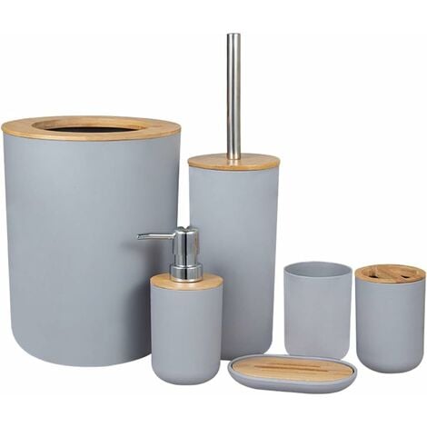 Juego de accesorios de baño Soporte para cepillos de dientes de bambú Encimera de madera Dispensador de jabón independiente Taza de cocina Cepillo para inodoro Sala de estar Bote de basura Ahorro de e