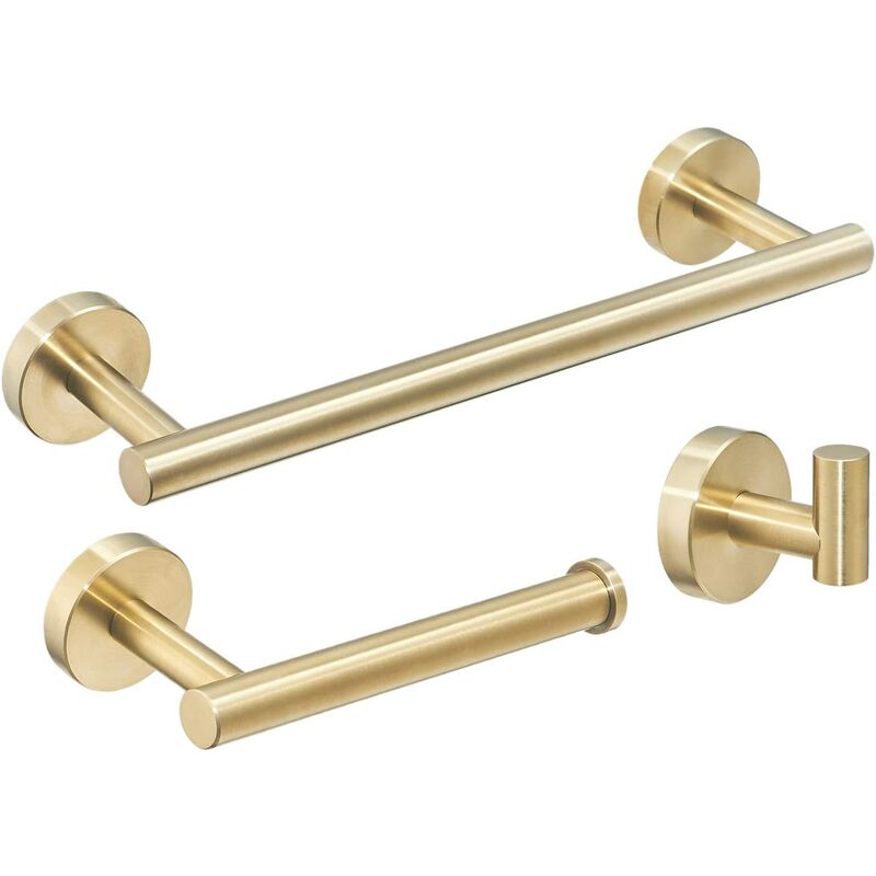

Juego de accesorios de baño con toallero, 1 gancho para toallas, 1 soporte para papel higiénico de acero inoxidable cepillado dorado