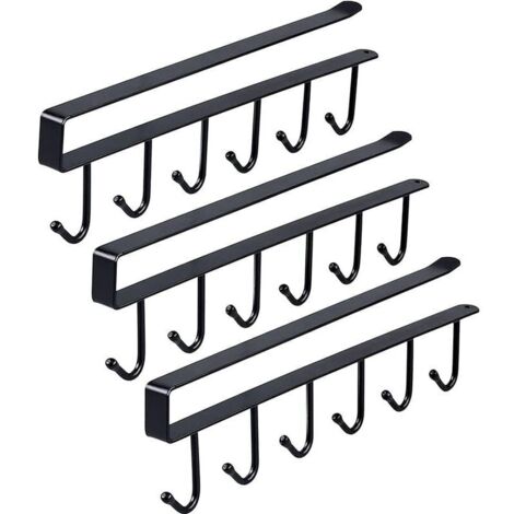 Juego de accesorios de cocina con 3 portavasos sin taladrar, ganchos para tazas, jarras, copas de vino y utensilios de cocina con tornillos autoadhesivos - Negro