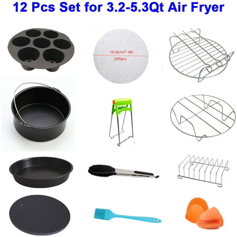 

Juego de accesorios para freidora de aire de 12 piezas para freidora de aire de 3.2-5.3Qt con revestimiento antiadherente para pastel, pizza, sarten,