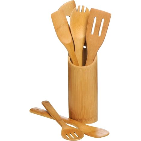 Juego de almacenamiento de utensilios de bambú de primera calidad, soporte para herramientas de bambú de 6 piezas, juego de espátulas de bambú, espátula de bambú, cuchara de bambú, utensilios de cocin