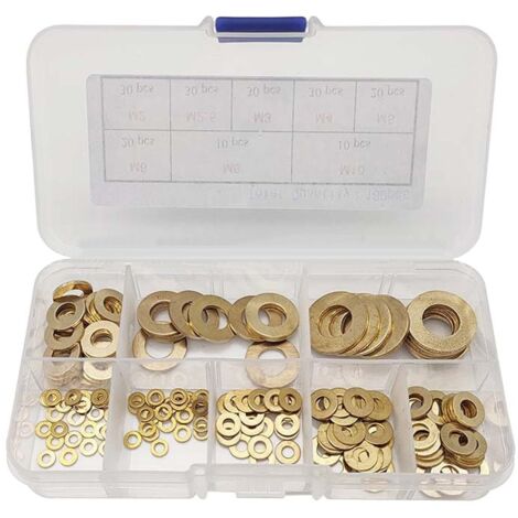 Juego de arandelas planas de latón con caja de plástico, M2/M2,5/M3/M4/M5/M6/M8/M10 (180 piezas)