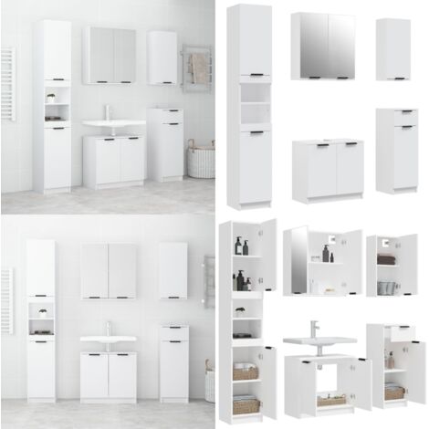 Juego de armarios de baño 5 piezas madera contrachapada blanco - Armarios de baño - Armarios de baño con espejo