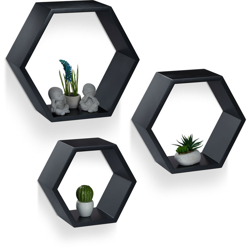 

Juego de Baldas Pared Grandes Hexagonales, Madera MDF, Negro, 3 Unidades