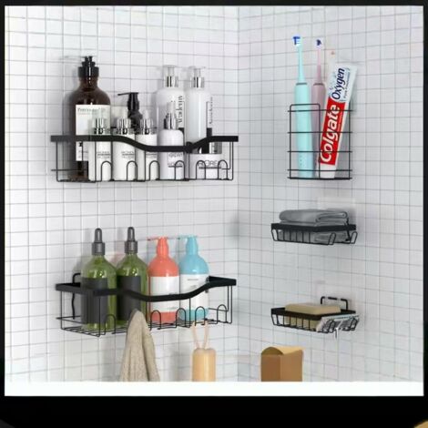 Juego de baño de 5 piezas con estantes y almacenamiento de pared, no requiere perforación, negro - OTRO