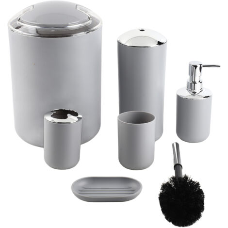 Juego de baño de 6 piezas: portacepillos de dientes, dispensador de jabón, papelera y recipiente para líquidos portaescobillas de inodoro, jabonera plástico gris resistente.