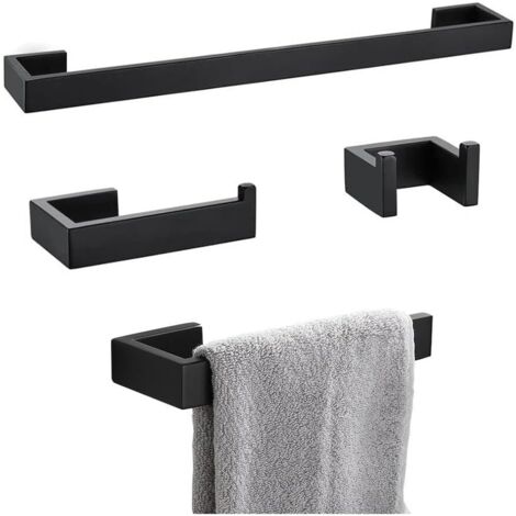 Juego de baño negro de 4 piezas: perchero, toallero, estante y portarrollos de papel higiénico.