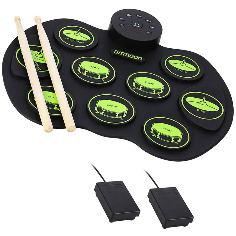 

Juego de bateria electronica - ammoon Juego de bateria de practica sensible al tacto enrollable digital 9 almohadillas de bateria 2 pedales para