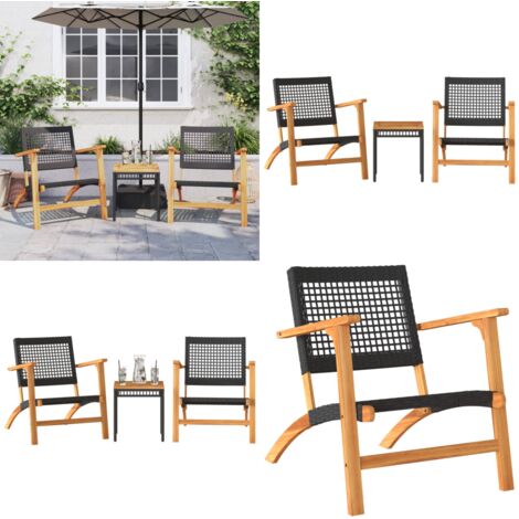Juego de bistró 3 pzas ratán PE negro y madera maciza acacia - Sillas de jardín - Mesa de jardín