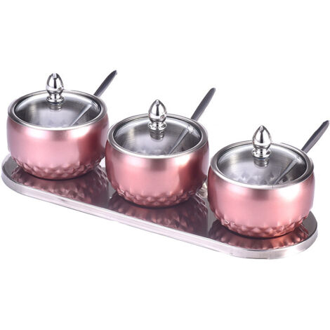 juego de botes de especias de acero inoxidable con bandeja y cuchara, estilo europeo, botes de almacenamiento de condimentos prácticos y elegantes para la cocina.
