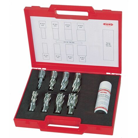Juego  de brocas  anulares RUKO  HSSE-Co 5  con vástago  Weldon 10  piezas. En  estuche de  plástico -  108810E