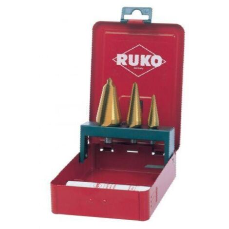 Juego de brocas cónicas HSS-TiN RUKO + pasta de corte 30 g para metal y madera.