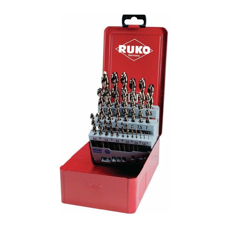 

Ruko - Juego de brocas helicoidales DIN 338 TypeN UTL 3000 D.1-13x0.5mm HSS-Co5 25 piezas, caja metálica.