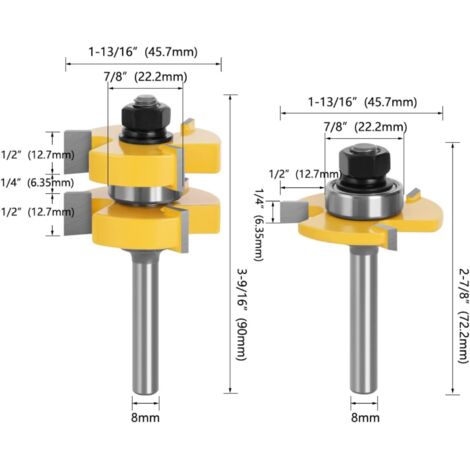 Juego de brocas para enrutador de lengüeta y ranura con vástago de 8 mm, cortador de madera en forma de T de 3 dientes, herramienta de corte para carpintería