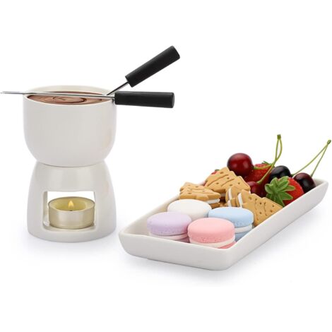 Juego de calentador de mantequilla de cerámica de 150 ml con plato rectangular de cerámica, mini olla para fondue, recipiente para queso, chocolate, mantequilla, caramelo y 2 tenedores.