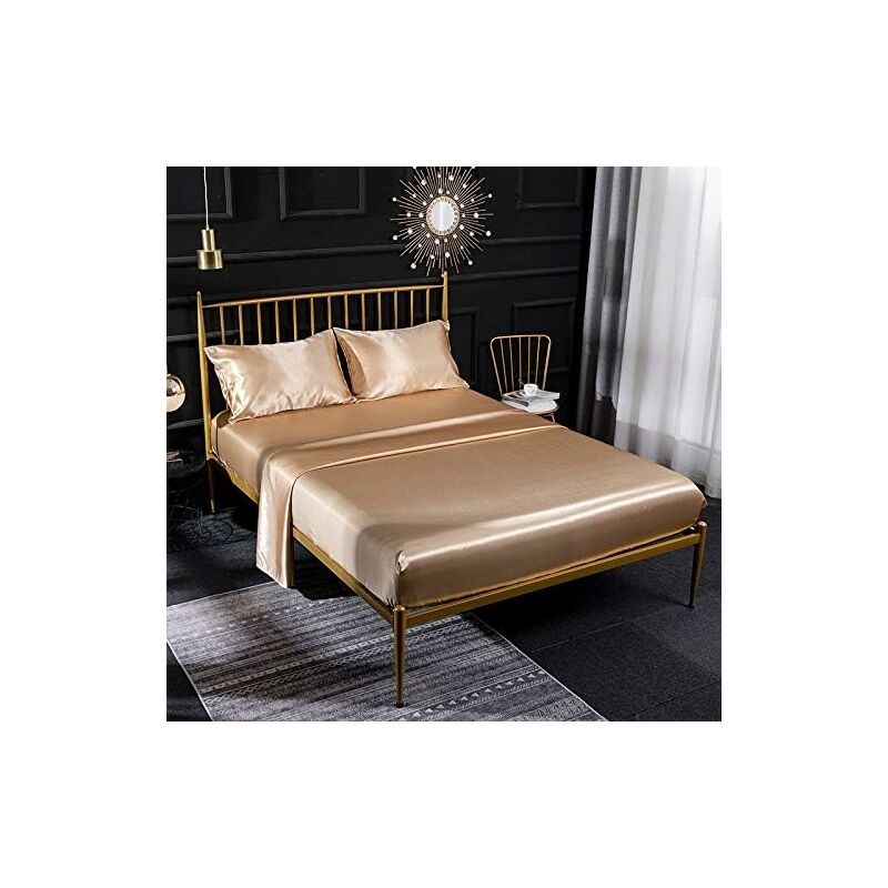 

Juego de cama de 4 piezas de satén de seda crema con sábana ajustable, sábana bajera, funda de almohada, transpirable, suave y cómodo para cama doble