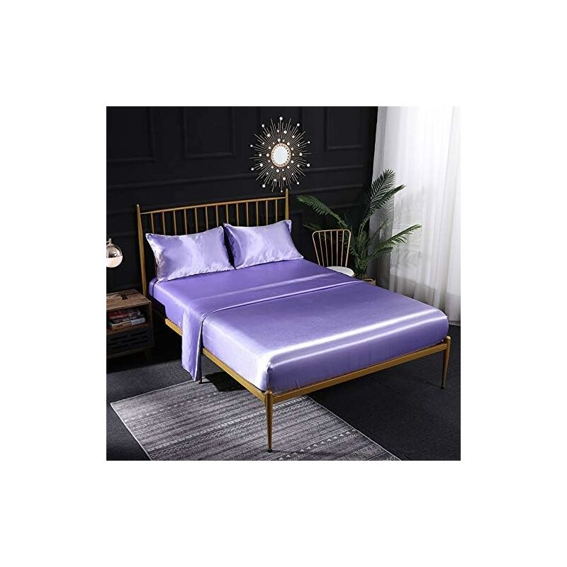 

Juego de cama de satén de seda color crema de 3 piezas con sábana bajera de satén, sábana plana, funda de almohada transpirable, (morado claro)