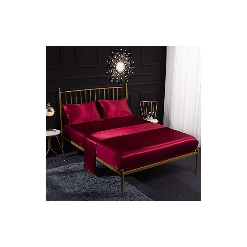 

Juego de cama de satén de seda color crema de 3 piezas con sábana bajera de satén, sábana bajera, funda de almohada transpirable, (rojo vino)