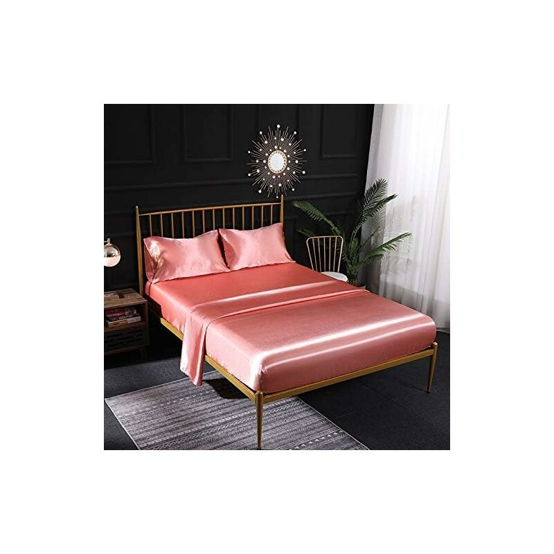 

Juego de cama de satén de seda crema de 3 piezas con sábana ajustable de satén, sábana plana, funda de almohada transpirable, (rosa) 99x190x35cm