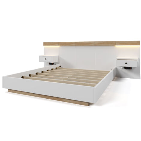 Juego de cama doble blanco de 205 x 264 x 90,5 cm, con puertos USB/Tipo C y enchufe europeo. Cama de madera con 2 mesitas de noche LED extraíbles. Ideal para jóvenes y adultos (colchón no incluido).