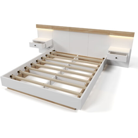 Juego de cama doble blanco de 205 x 284 x 90,5 cm, con puertos USB/Tipo C y enchufe europeo. Cama de madera con 2 mesitas de noche LED extraíbles. Ideal para jóvenes y adultos (colchón no incluido).