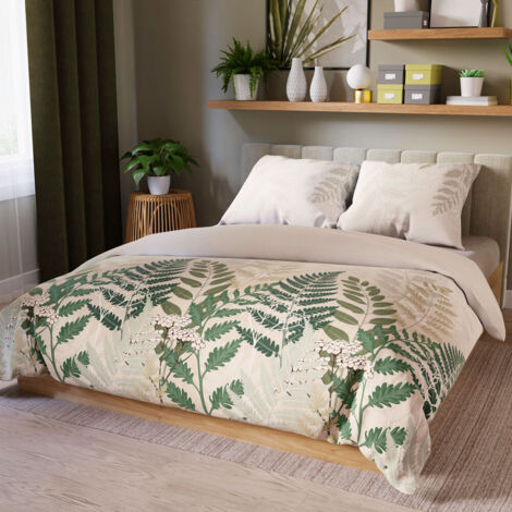 Juego de cama FERNA 220x200 cm - satén de algodón, beige, estampado botánico