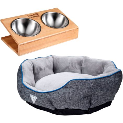 Juego de cama  gris + Fuente doble en V para mascotas Hearts&Homies