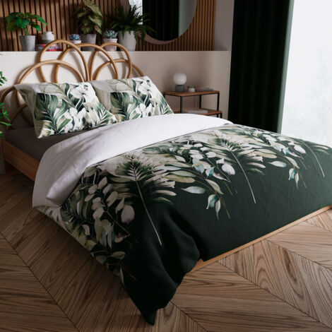 Juego de cama LEAFY 220x200 cm - satén de algodón, estampado de hojas tropicales
