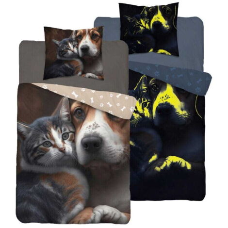 Juego de cama que brilla en la oscuridad 160x200 Gatito Perro