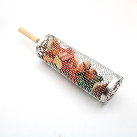 Juego de cestas enrollables apilables para asar con mango de madera, cesta para asar con ruedas, rejilla de acero inoxidable para asar, cesta para cocinar a la parrilla con gancho