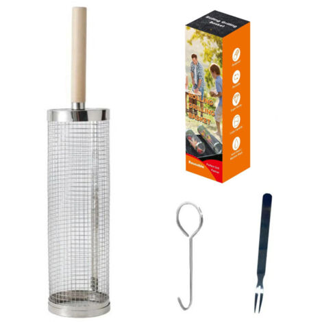 Juego de cestas para parrilla con ruedas, mango de madera extraíble, acero inoxidable 304, accesorios para barbacoa de verduras y gambas, barbacoa de camping, para padres.