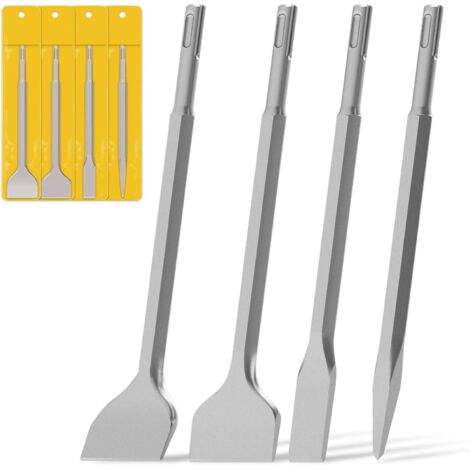 Juego de cinceles SDS de 4 piezas, 250 mm, juego de cinceles (incluye 1 cincel plano, 1 cincel para azulejos, 1 cincel biselado para azulejos, 1 cincel puntiagudo), apto para azulejos y hormigón.
