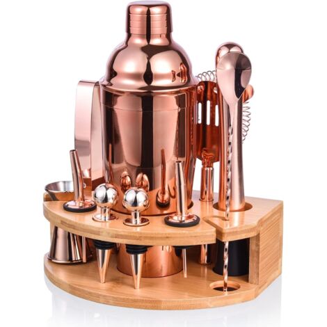 Juego de cóctel de 12 piezas, kit profesional de barman con elegante soporte de bambú, herramienta de barra de acero inoxidable para bebidas mixtas (oro rosa)