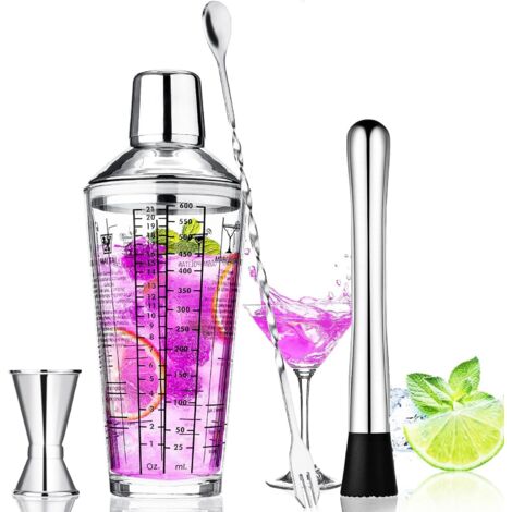 Juego de coctelera, kit de barra para cócteles, ideal para mezclar bebidas, ideal para familias, bares y fiestas. Incluye coctelera, taza medidora, cuchara y mortero, 400 ml.