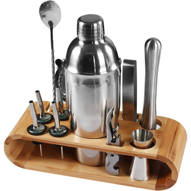 

Juego de coctelera para barman, herramientas de barman, juego de 12 piezas con soporte de bambú, coctelera de martini de acero inoxidable de 25 oz