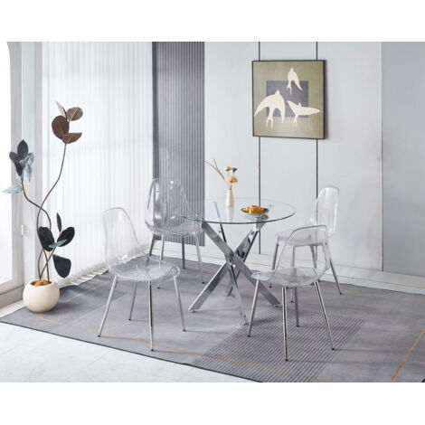 Juego de comedor de 5 piezas, 1 mesa redonda + 4 sillas transparentes, patas de mesa de metal plateado