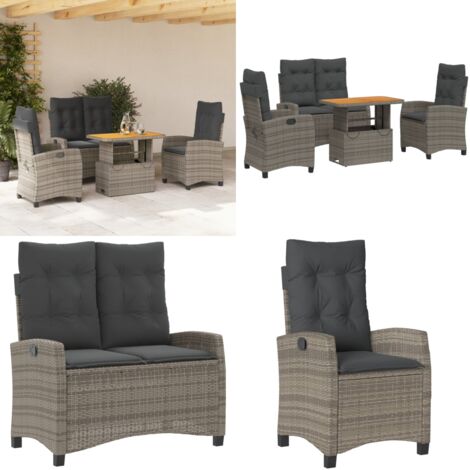 Juego de comedor de jardín 4 piezas con cojines ratán PE gris - Muebles de jardín - Sillas reclinables